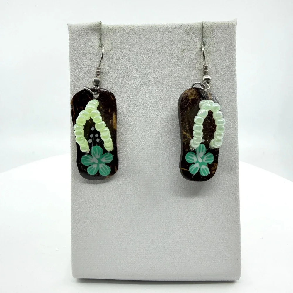 Earrings Flip Flop Dangle Brown Coconut Shell Green Beaded Flower Boho Tropical